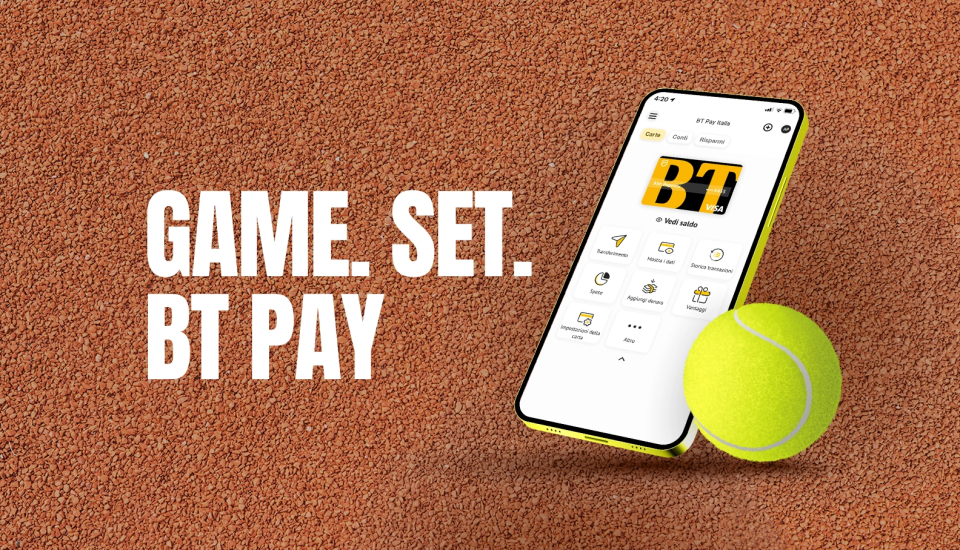 BT – Tato Tennis Team együttműködés. Cashback azoknak, akik a BT Pay Italia alkalmazáson keresztül nyitnak számlát a BT-nél.
